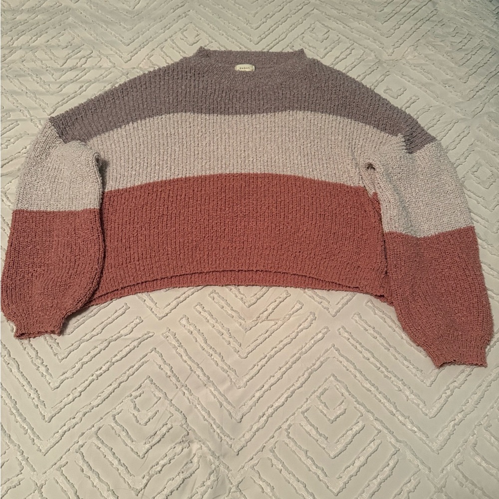 Cropped Striped Sweater (cream,burnt red, and grayish purple)